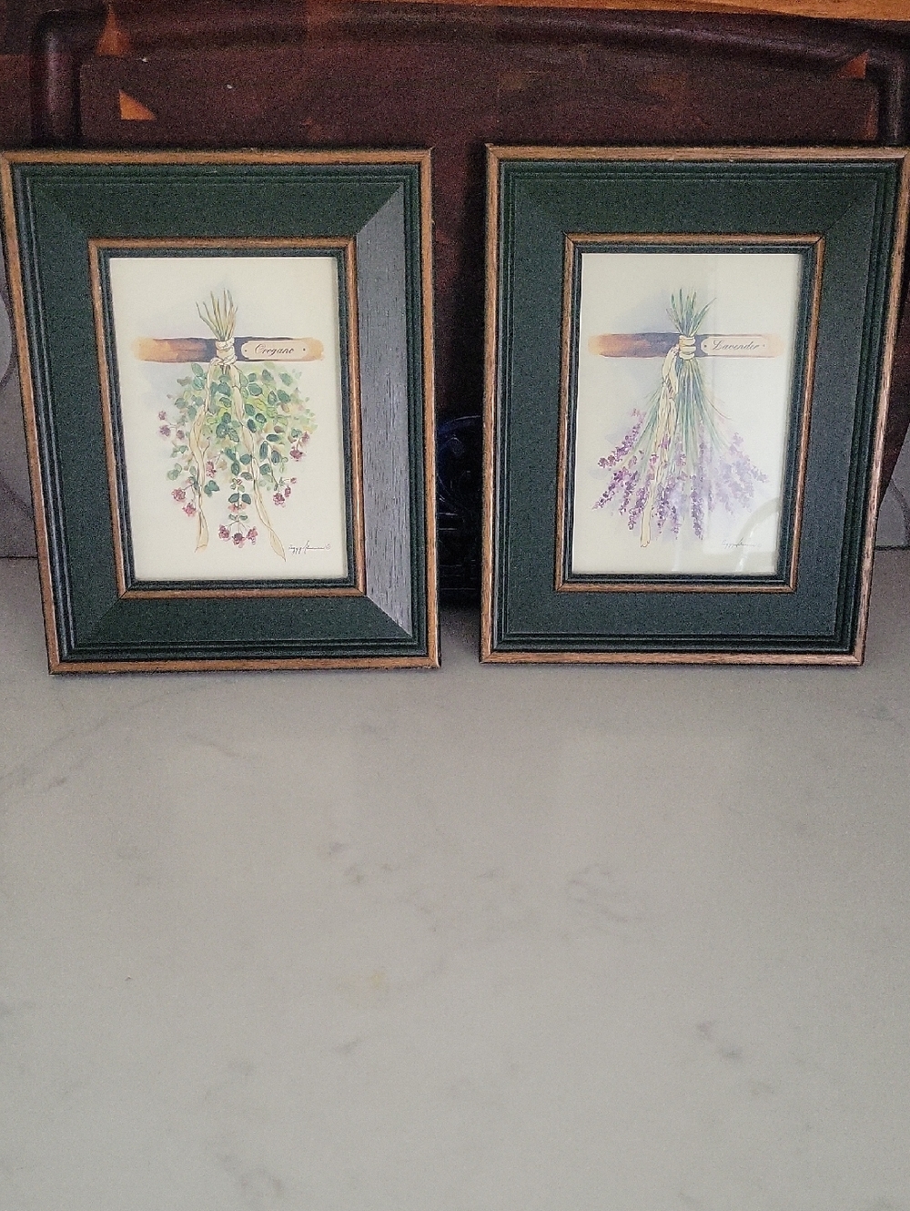 Vintage Cottagecore Framed Herbal Art Prints in Dark Green and Gold - Pair